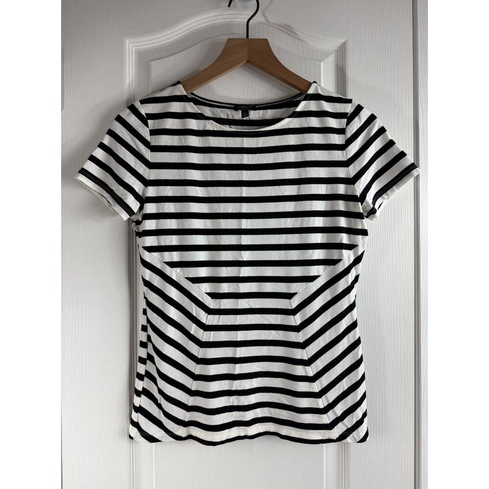 Talbots Petites Black White Stripe Short Sleeve Top Rayon Spandex Women's S Pet.